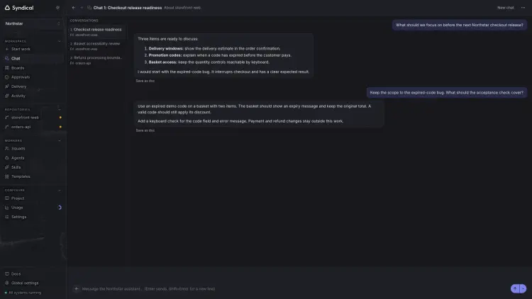 Syndical Chat with a Northstar checkout conversation about release priorities and acceptance checks for expired promotion codes.