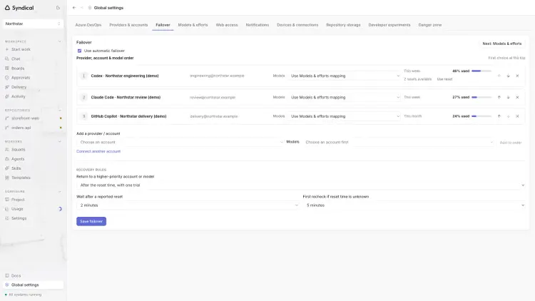 Syndical Global settings with three demo accounts in failover order, effort mappings and recovery timing choices.