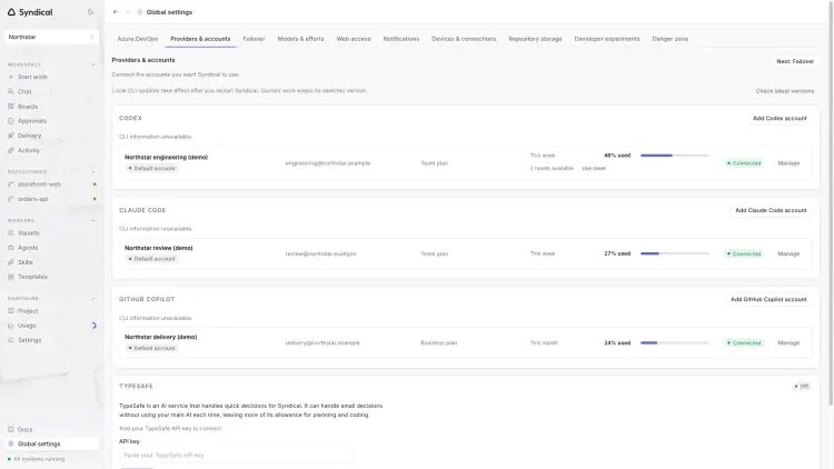 Syndical Global settings with fictional Northstar provider accounts, example identities, plans and allowance readings.
