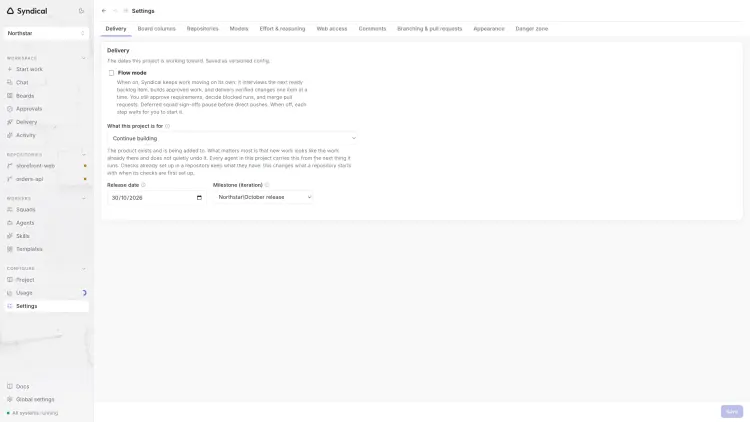Syndical Settings on the Delivery tab with Northstar's project intent, October release date and milestone.