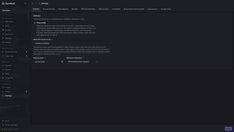 Syndical Settings on the Delivery tab with Northstar's project intent, October release date and milestone.
